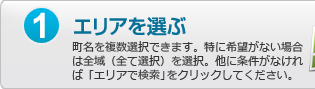 1.エリアを選ぶ：神戸市長田区の町名を複数選択できます。特に希望がない場合は神戸市長田区全域（全て選択）を選択。他に条件がなければ「エリアで検索」をクリックしてください。