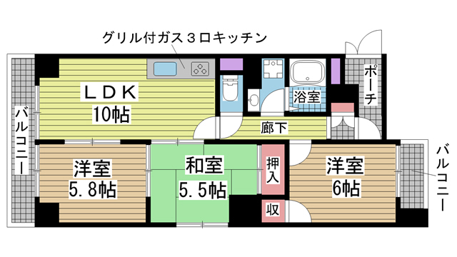 神戸市兵庫区下沢通(神戸市営地下鉄線湊川公園駅)のマンション賃貸物件 間取画像