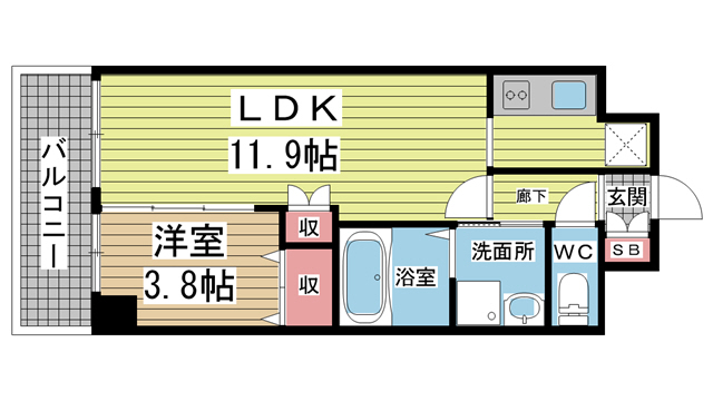 神戸市兵庫区水木通(神戸高速線新開地駅)のマンション賃貸物件 間取画像